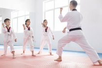 Bambini cinesi che praticano la posizione di Taekwondo con l'istruttore — Foto stock