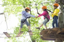 Chinese children climbing on trees in adventure park — Stock Photo