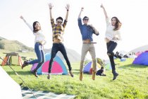 Chinese friends jumping at music festival — Stock Photo
