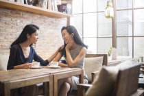 Chinese female friends talking with coffee cups in cafe — Stock Photo