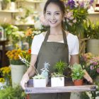 Feminino florista chinês segurando plantas em vaso na loja — Fotografia de Stock
