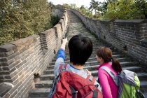 Rear view of couple of hikers pointing on Great Wall — Stock Photo