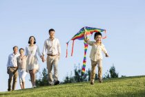 Chinese multi-generation family flying kite in park — Stock Photo