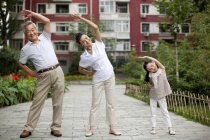 Chica china haciendo ejercicio con los abuelos en la calle - foto de stock