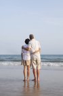 Vue arrière du couple de personnes âgées regardant loin en mer — Photo de stock