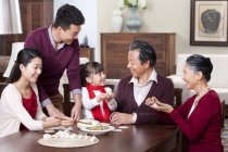 Веселая семья из нескольких поколений делает китайские пельмени — стоковое фото
