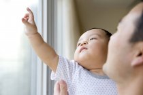 Китаец с маленьким мальчиком смотрит в окно и указывает — стоковое фото