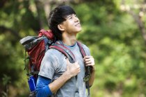 Chinese male hiker looking up in woods — Stock Photo