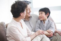 Abuelos chinos y nieto hablando en la sala de estar - foto de stock