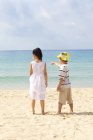 Вид сзади на детей, стоящих на пляже и указывающих на вид — стоковое фото