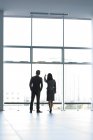 Business people looking through window in office building, rear view — Stock Photo