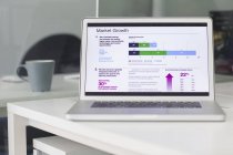 Computadora portátil con investigación empresarial en escritorio de oficina - foto de stock