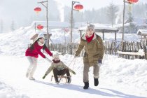 Genitori cinesi tirando figlio su slitta nella neve — Foto stock