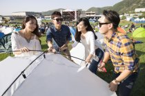 Amici cinesi che installano tenda su erba — Foto stock