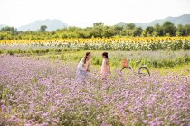 Madre e hija chinas en el campo de flores - foto de stock