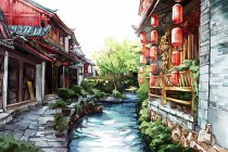 Bâtiments chinois traditionnels avec décorations et ruisseau — Photo de stock