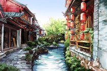 Edificios tradicionales chinos con decoraciones y arroyo - foto de stock