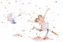 Romantisches junges Paar tanzt in fallenden Blumen mit Regenschirm — Stockfoto