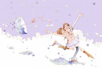 Romántica pareja joven bailando en flores que caen con paraguas - foto de stock
