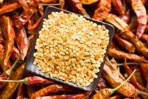 Chili seeds with dried whole peppers, close up shot — Stock Photo