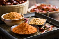 Chili-Gewürze in Schalen mit getrockneten Paprika — Stockfoto