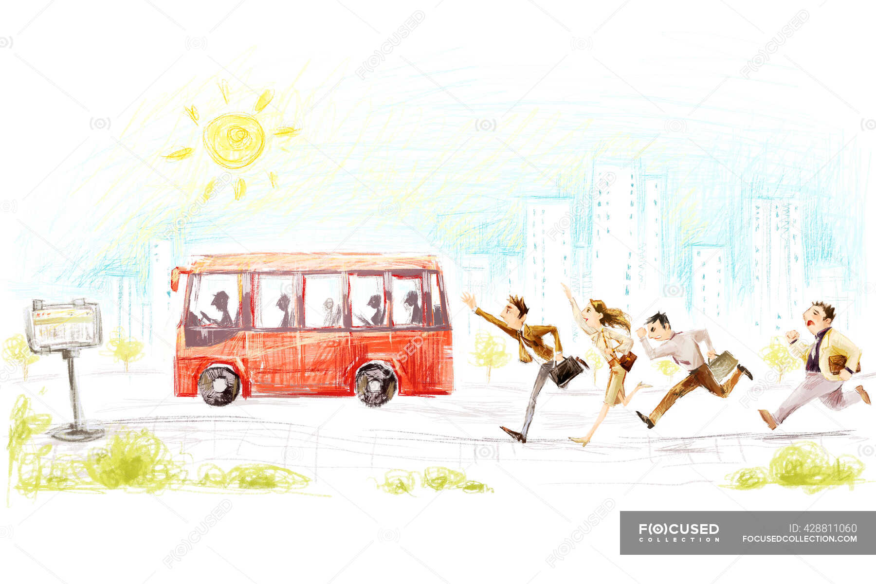 Cartoon people running after bus at sunny street — minimal, background -  Stock Photo | #428811060