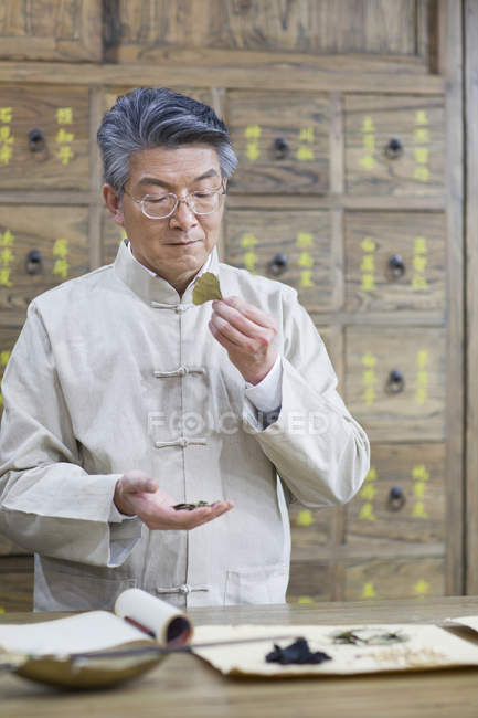 Maturo medico cinese che esamina le erbe medicinali — Foto stock