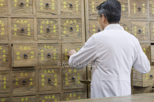 Vue arrière du médecin chinois en pharmacie de médecine traditionnelle — Photo de stock