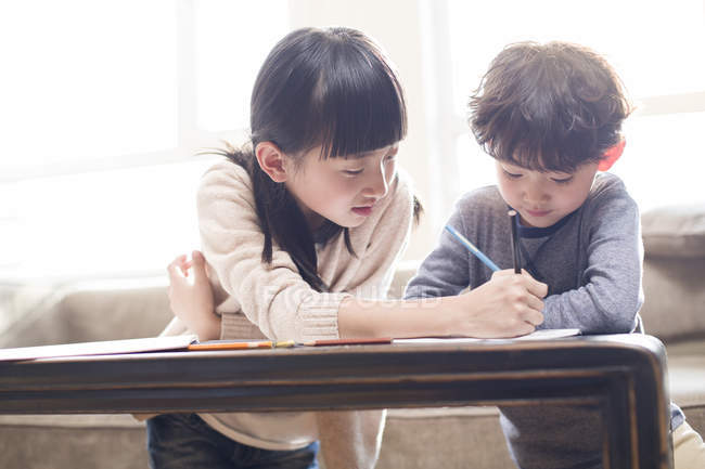 Азиатские братья и сестры учатся вместе дома — стоковое фото