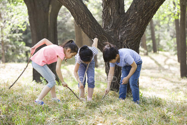 Crianças chinesas cavando chão na floresta — Fotografia de Stock