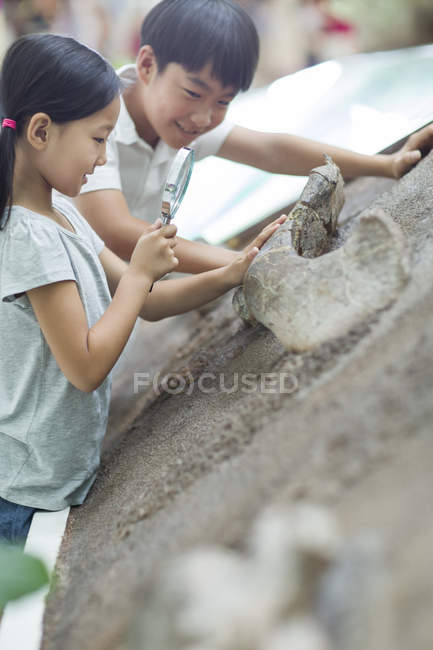 Chinese children looking through magnifying glass at museum exhibit — Stock Photo