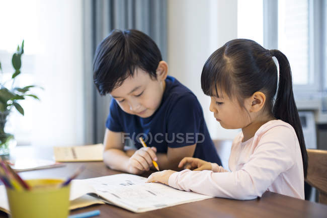 Hermanos chinos estudiando juntos en casa - foto de stock