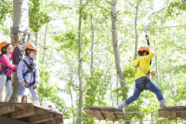 Niños chinos trepando a los árboles en parque de aventuras - foto de stock