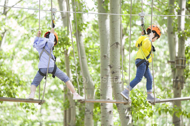 Crianças chinesas subindo em árvores no parque de aventura — Fotografia de Stock