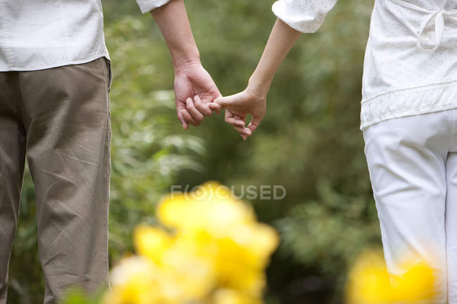 Vista recortada de pareja sosteniendo pequeños dedos - foto de stock