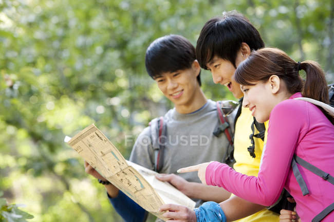 Chinese hikers using map in forest — Stock Photo