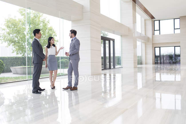 Empresários e empresárias conversando no lobby do prédio de escritórios — Fotografia de Stock