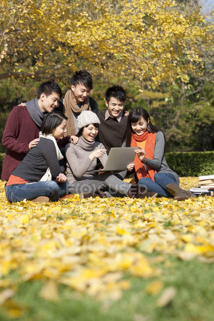 Estudantes universitários chineses usando laptop no parque do campus no outono — Fotografia de Stock