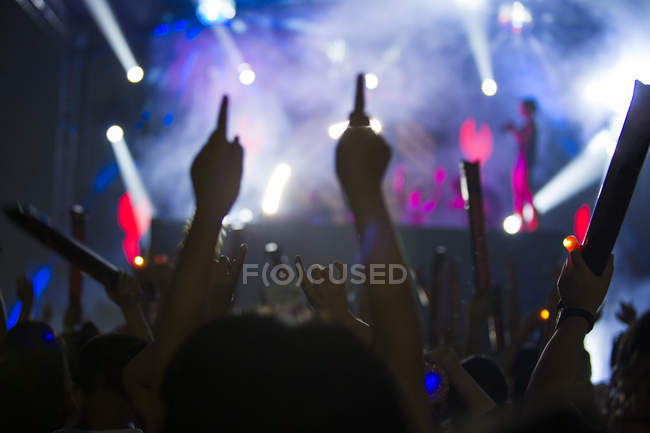 Personas con brazos levantados divirtiéndose en el festival de música - foto de stock