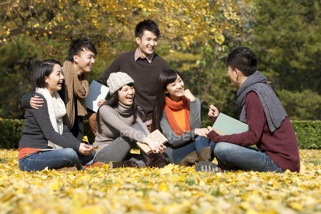 Studenti universitari cinesi seduti con libri e parlando nel parco autunnale — Foto stock