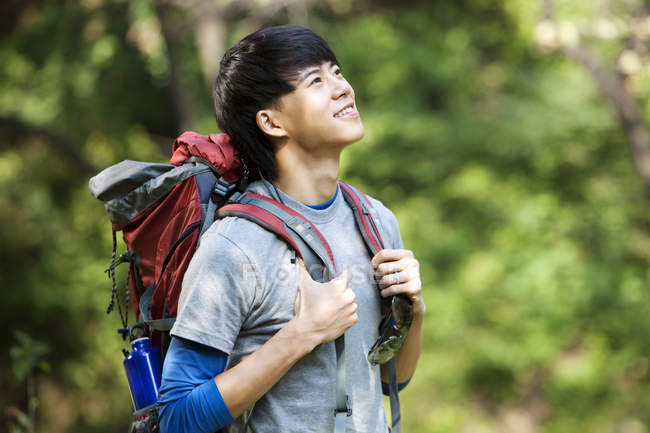 Chinesischer männlicher Wanderer schaut in Wäldern auf — Stockfoto