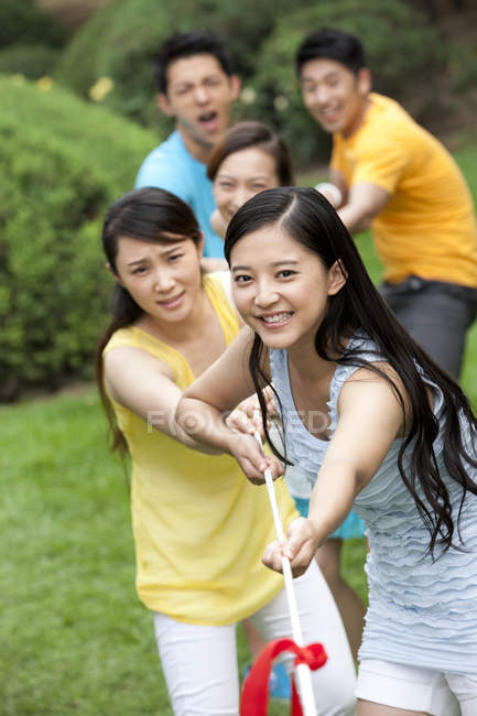 Chinese young adult friends pulling rope in park — Stock Photo