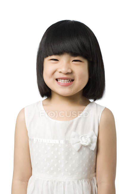 Portrait of little Chinese girl on white background — Stock Photo