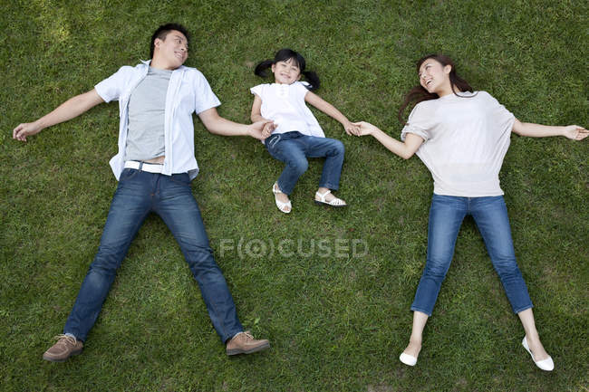 Vista aerea della famiglia cinese sdraiata sull'erba e che si tiene per mano — Foto stock