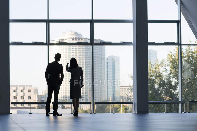 Business people looking through window in office building, rear view — Stock Photo
