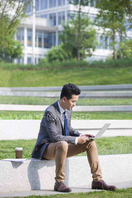 Homme d'affaires chinois utilisant un ordinateur portable dans l'espace vert — Photo de stock