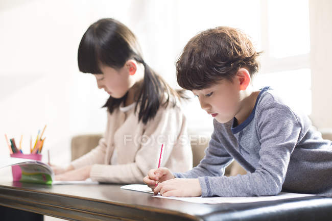 Chinois frères et sœurs étudier ensemble à la table — Photo de stock