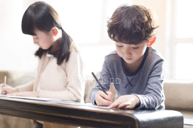 Hermanos chinos estudiando juntos en la mesa - foto de stock