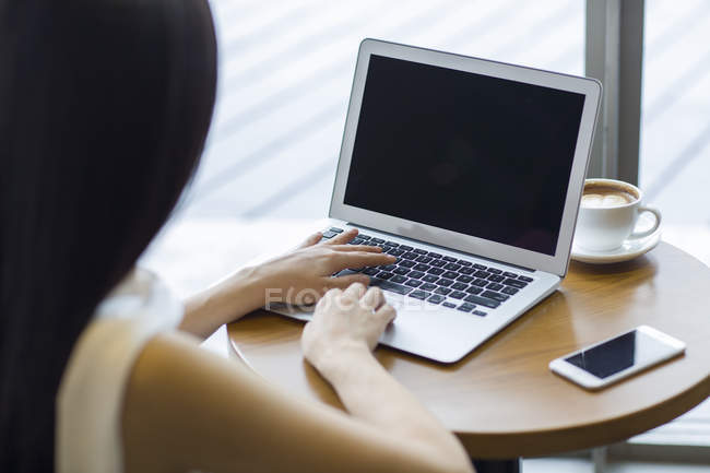 Woman working with laptop in cafe, rear view — Stock Photo