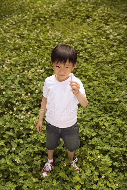 Porträt eines jungen chinesischen Jungen, der in einem Park steht — Stockfoto